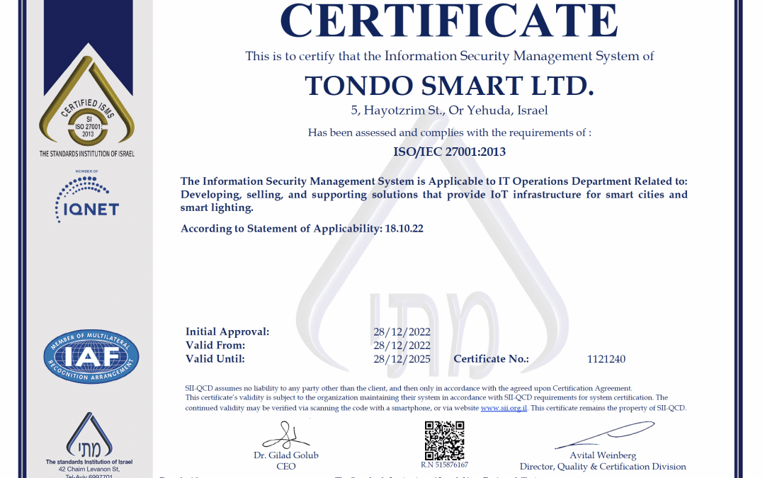 Tondo Smart ISO 27001 Certification Certificate from the Standards Institute of Israel