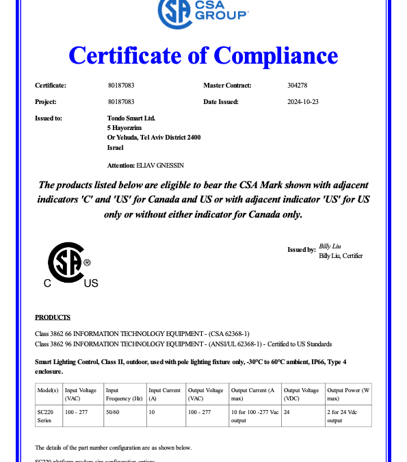 Tondo’s SC220 Smart Controller Achieves Key Certification for North American Markets
