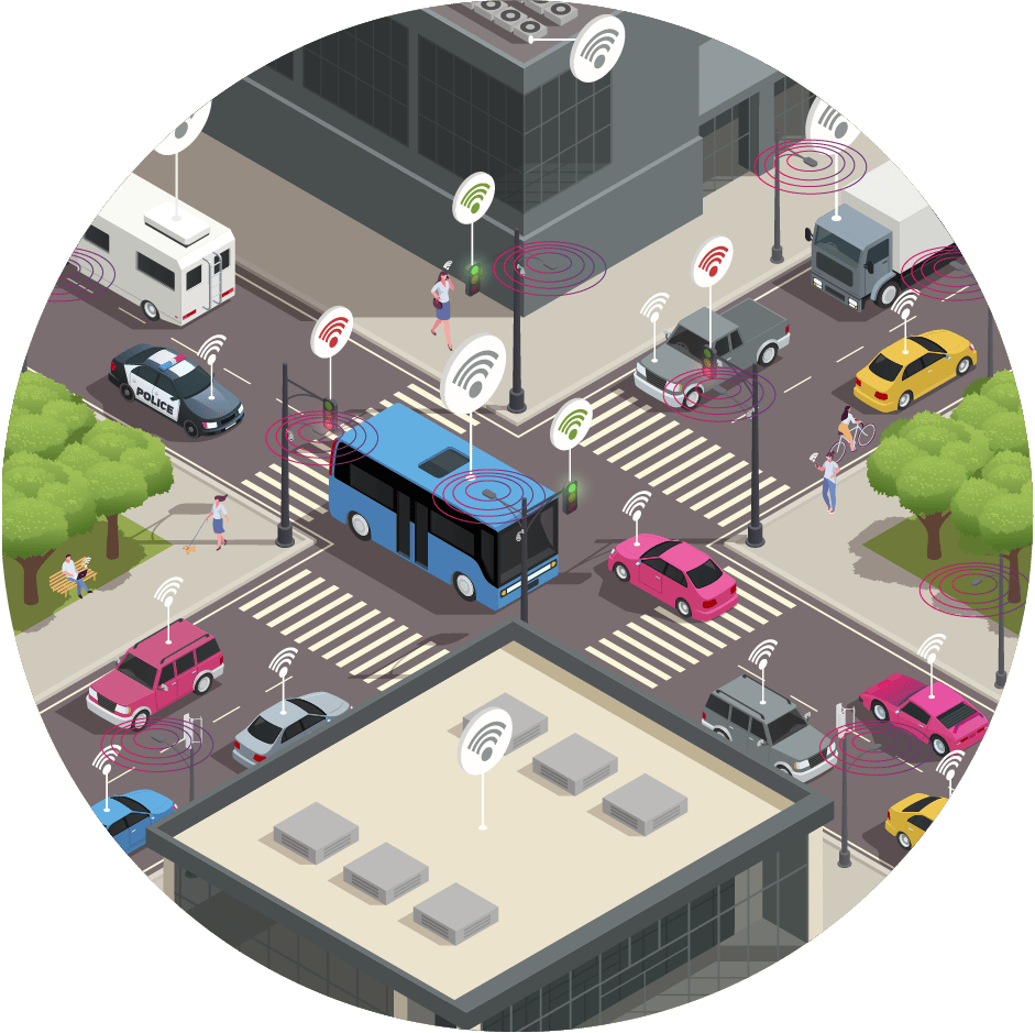 A circular image that shows an illustration of an intersection in a connected Smart City